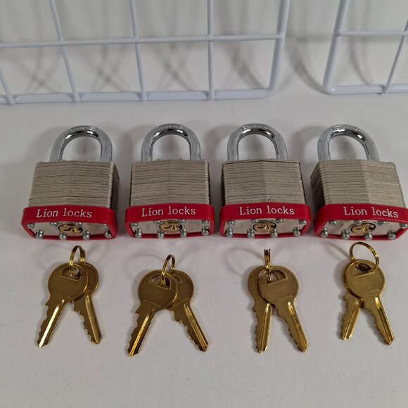 Lion Locks 4  Keyed-Alike Padlocks w/ 1.25" Shackle, 8 Keys Hardened Steel Case - Picture 6 of 7